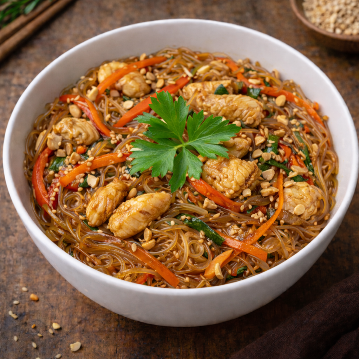 Фунчоза з курчам в соусі Тонкацу